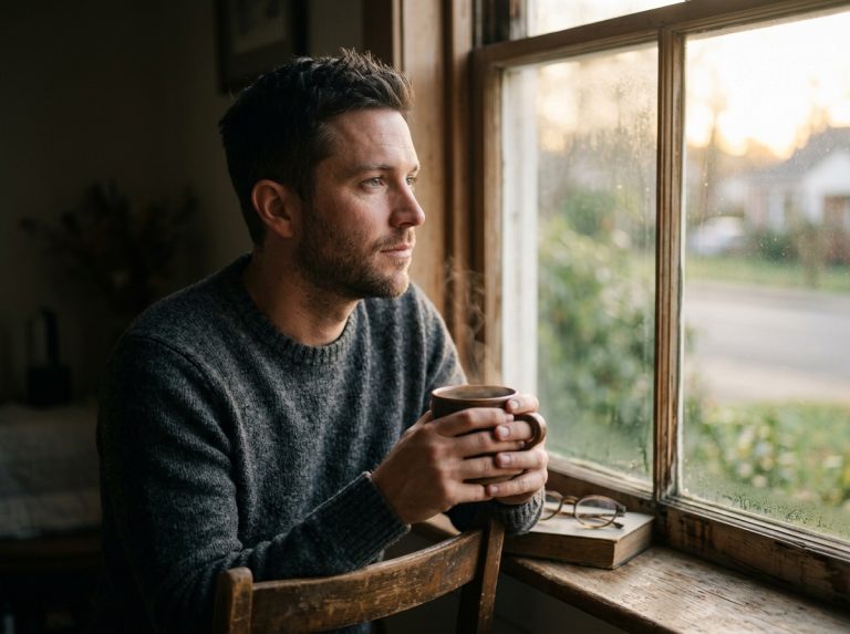 man contemplating peaceful morning routine