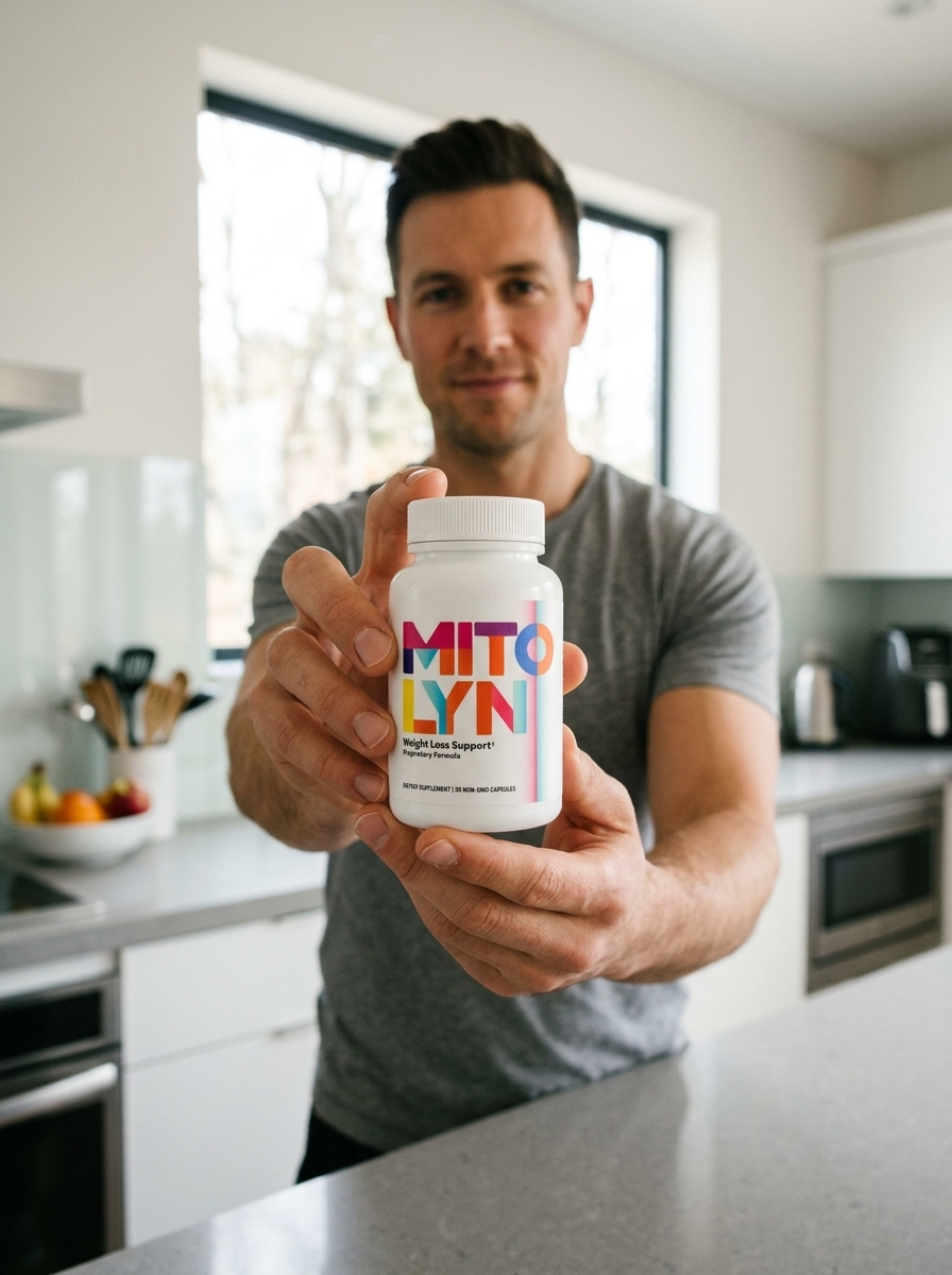 Mitolyn mitochondrial support supplement bottle held confidently