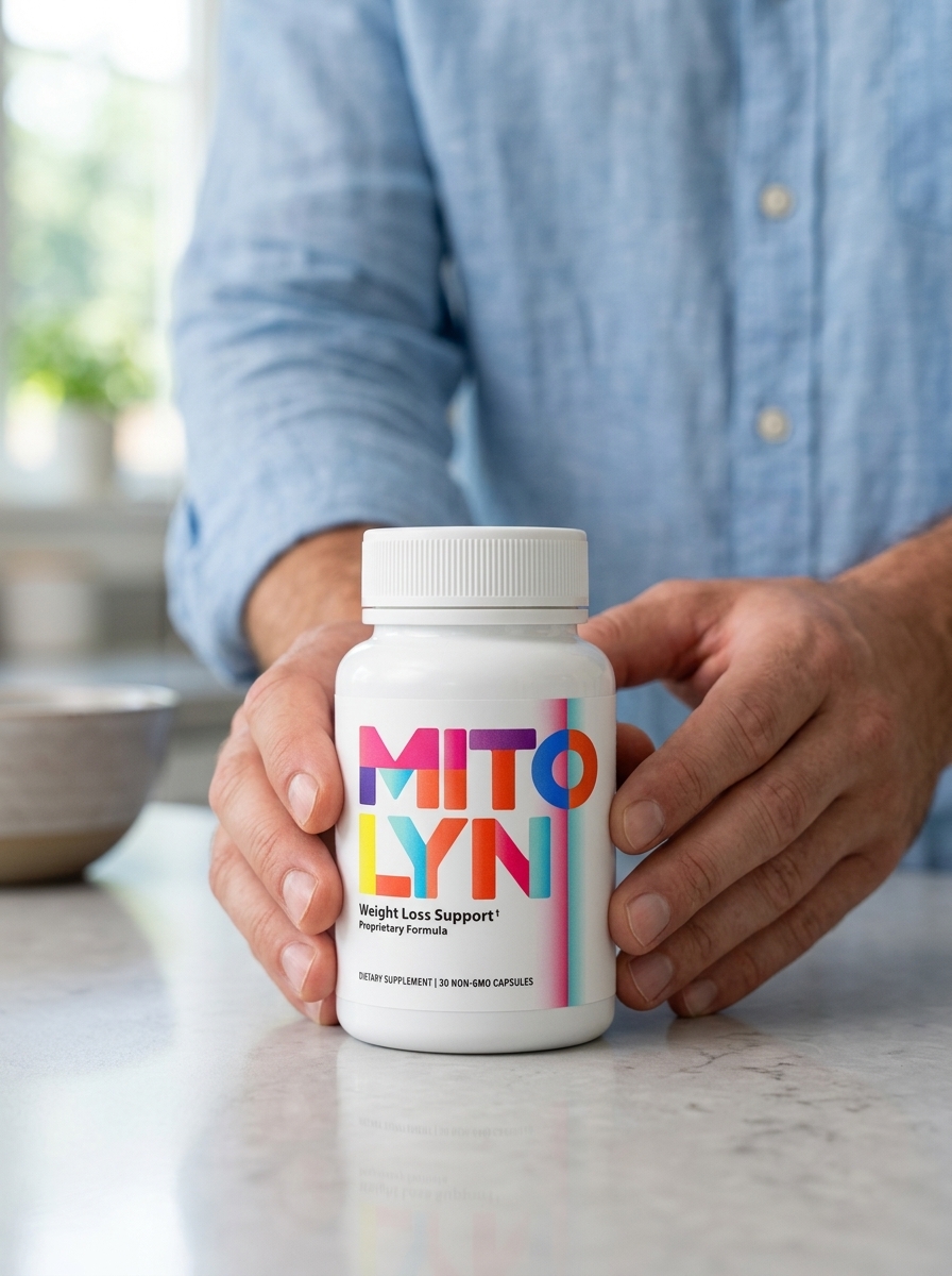 Mitolyn supplement bottle held by hands kitchen counter