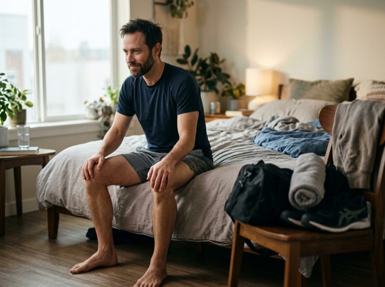 man sitting on bed edge morning light contemplative