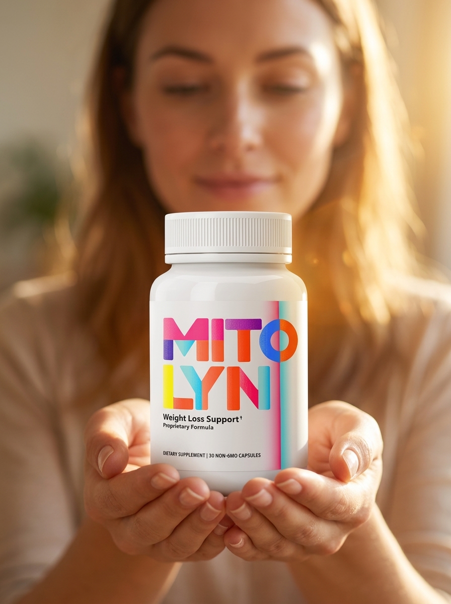 Mitolyn mitochondrial support supplement held by woman