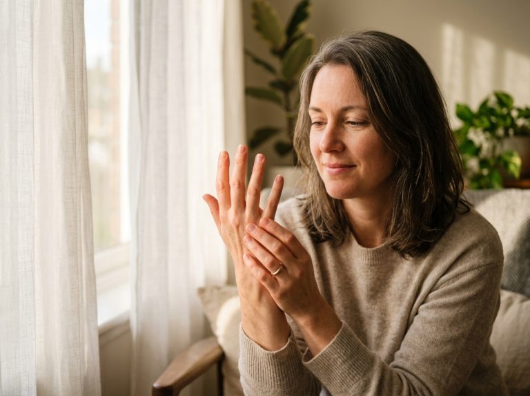 woman examining hands in natural morning light