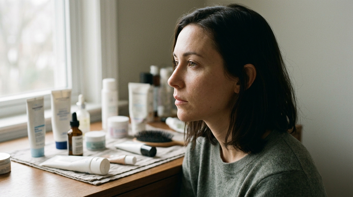 woman contemplating skincare products on vanity
