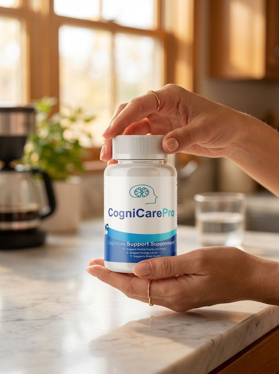 CogniCare Pro brain supplement bottle held carefully