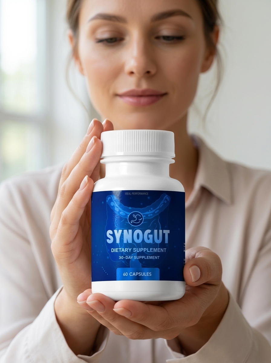 SynoGut gut health supplement bottle held gently