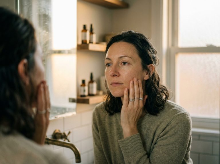 woman looking in mirror with gentle self acceptance