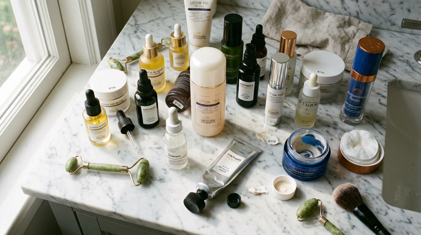 expensive skincare products scattered on marble counter