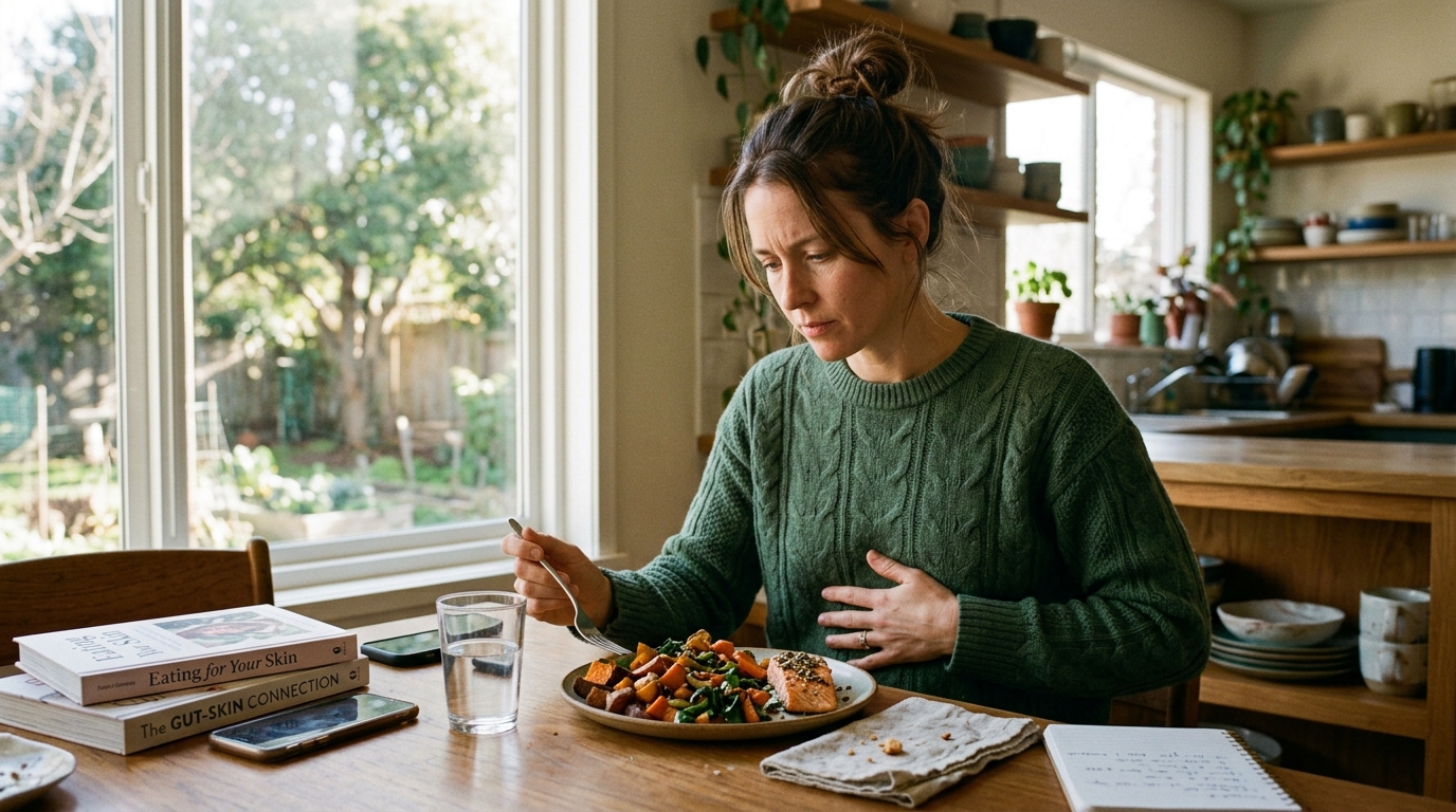 woman thoughtfully considering meal and digestive connection
