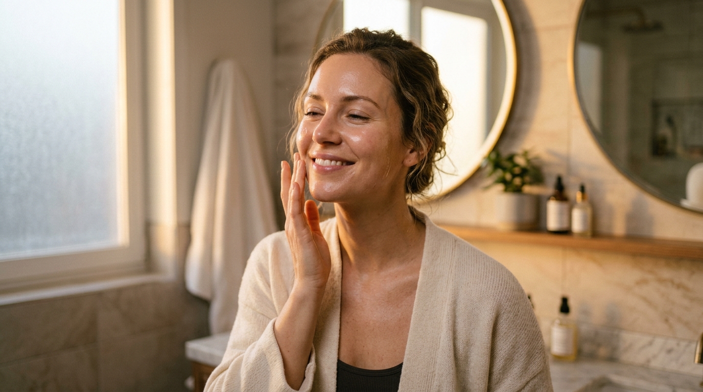 woman applying skincare with skin looking healthier