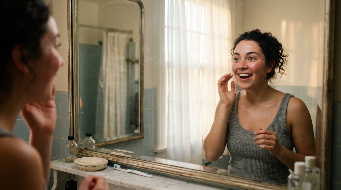 woman pleasantly surprised by healthy reflection in mirror