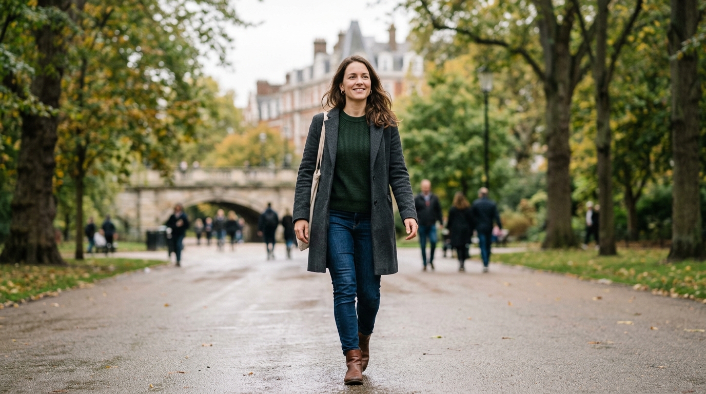 confident woman walking outdoors with naturally healthy skin