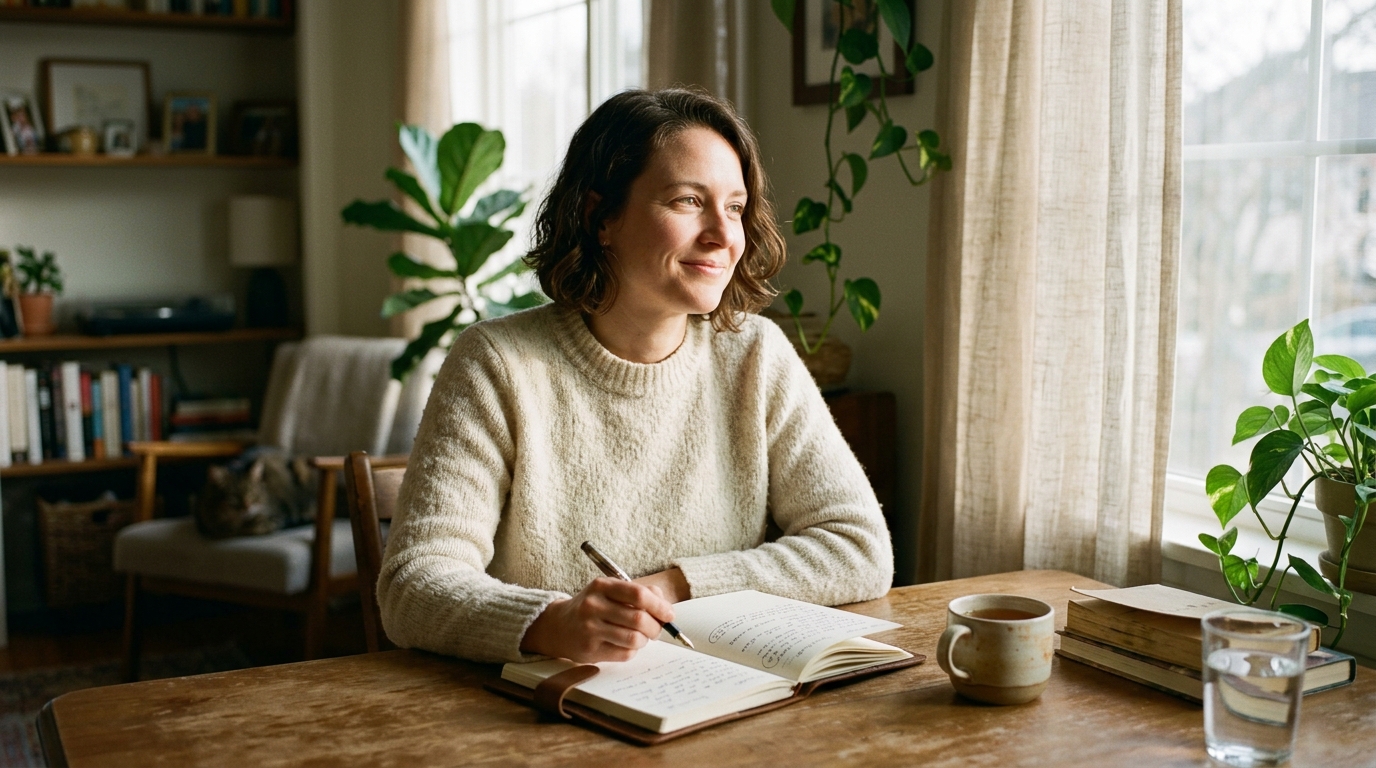 woman writing with expression of clarity and understanding