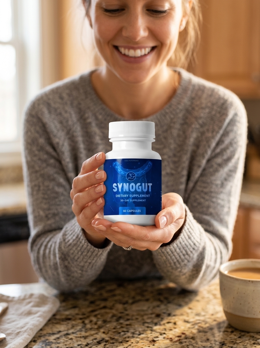 woman holding SynoGut gut health supplement bottle