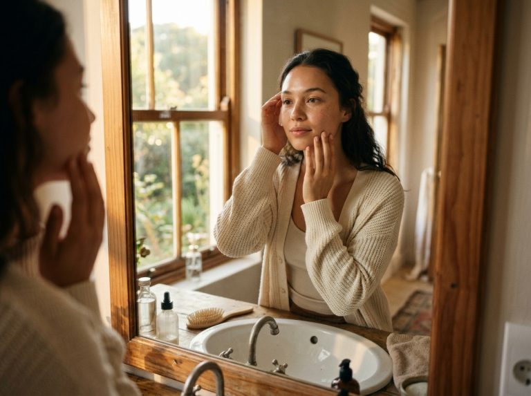 woman touching face confidently in morning light