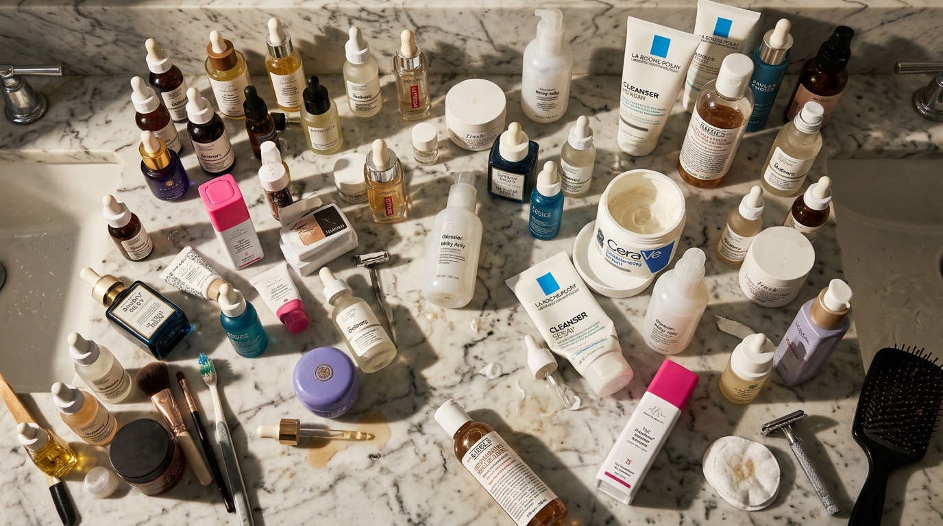 cluttered bathroom counter with multiple skincare products
