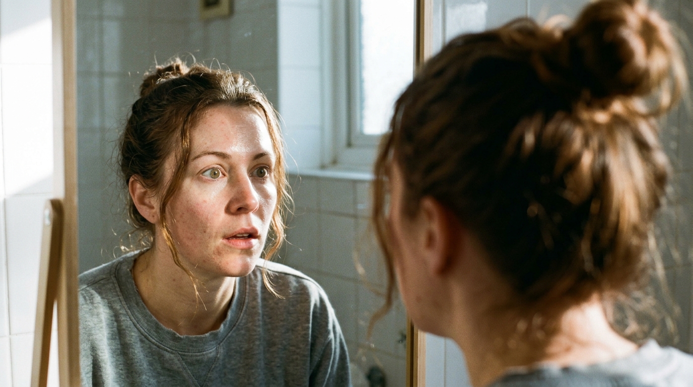woman surprised by clear skin in bathroom mirror