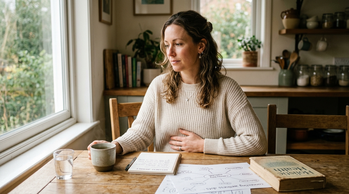 thoughtful woman connecting gut health to skin wellness