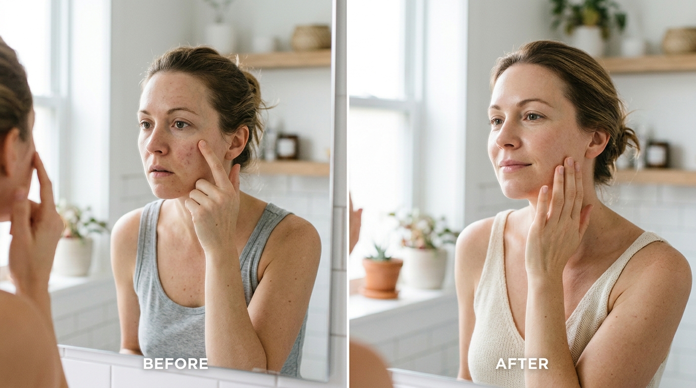 woman noticing gradual positive skin changes