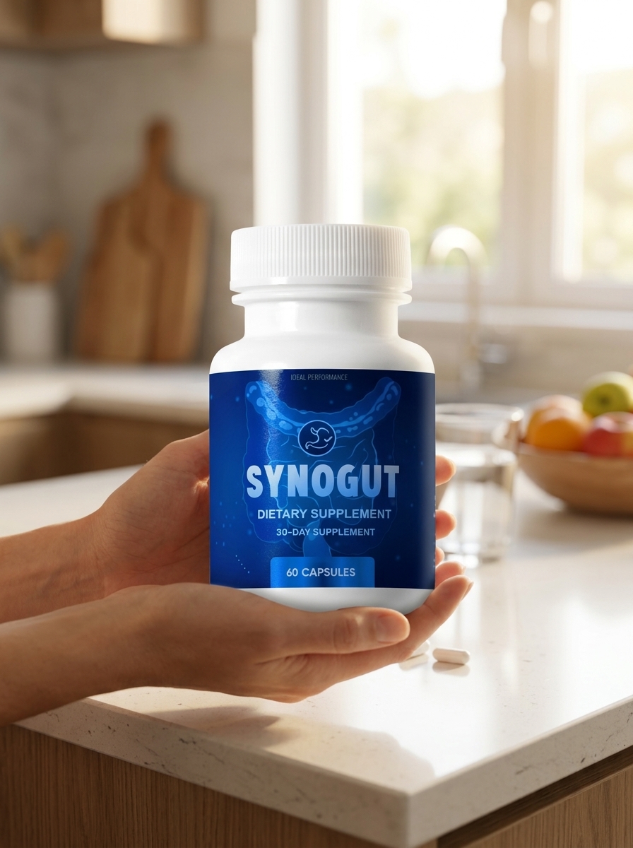 SynoGut supplement bottle held in gentle hands
