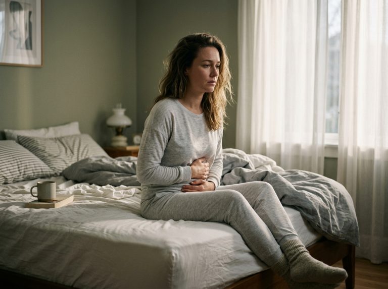 woman sitting on bed holding stomach contemplatively morning
