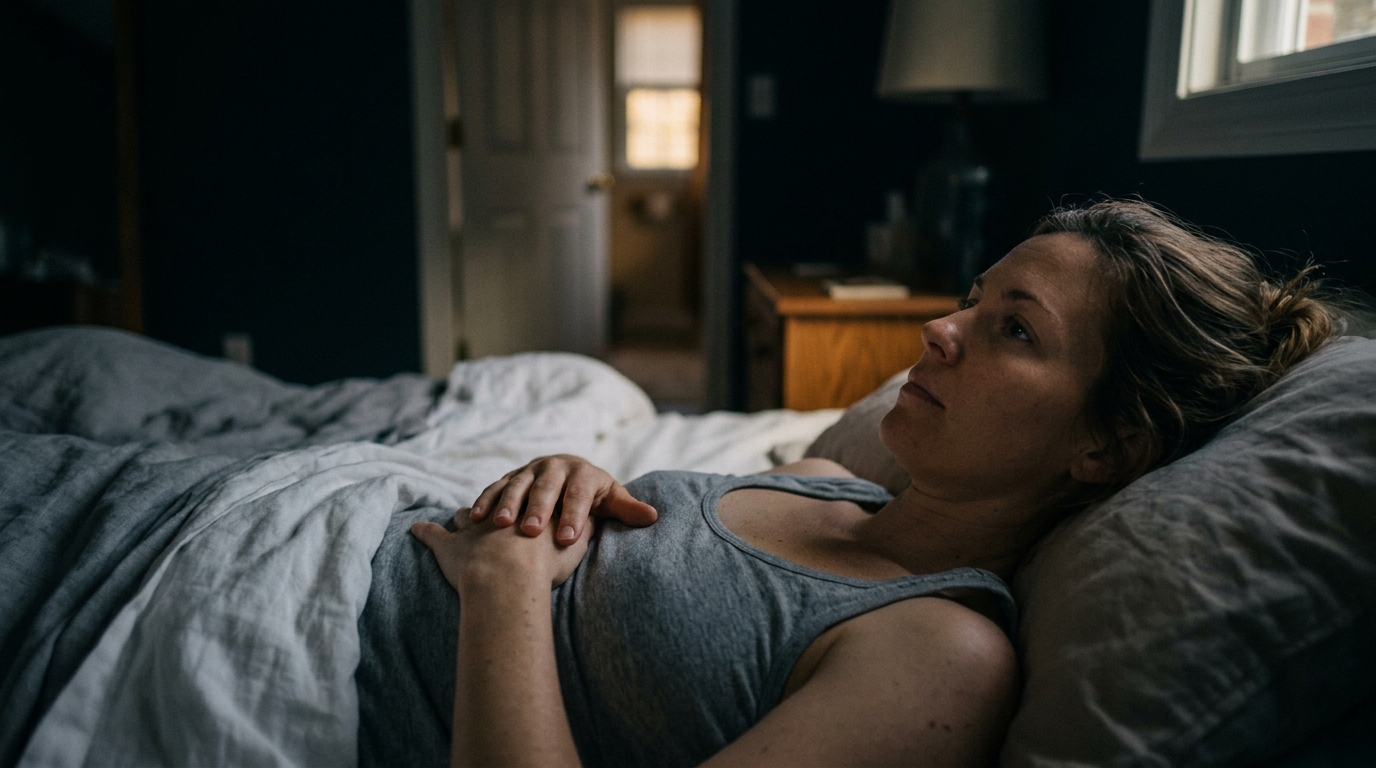 woman in bed at night hand on torso listening