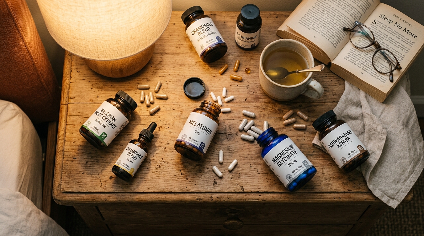 various sleep supplements scattered on nightstand overhead view