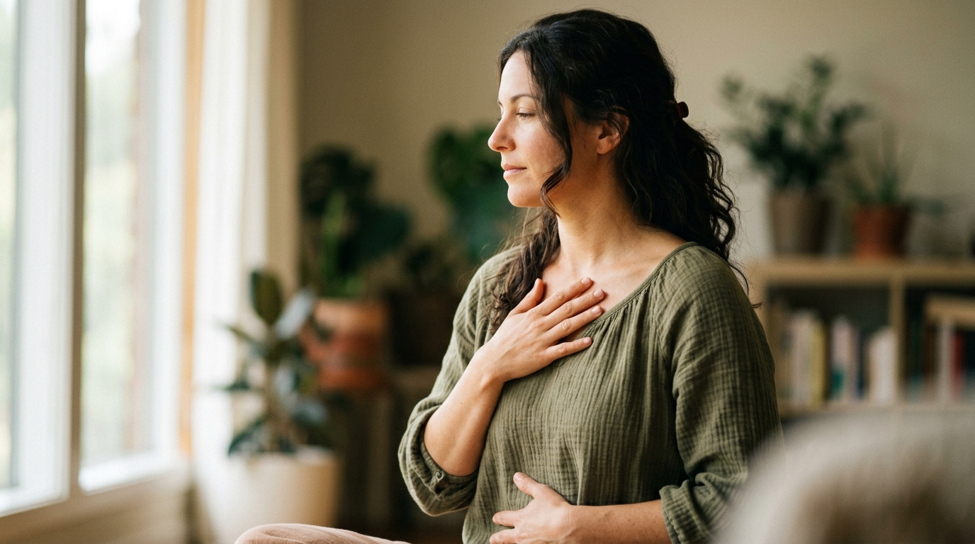 woman in profile hands on chest and abdomen contemplative