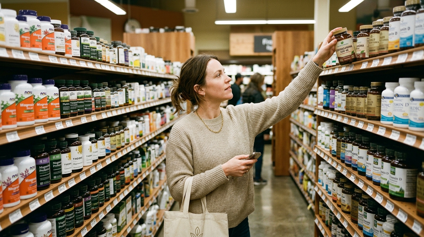 woman reaching for supplement in health store aisle
