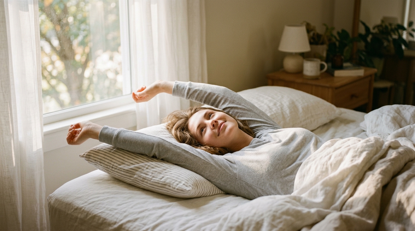 woman stretching peacefully in morning sunlight bed