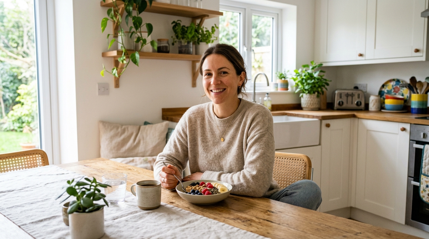 woman at kitchen table with healthy meal natural light