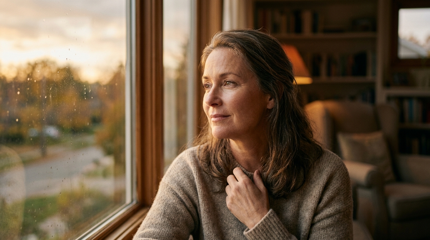woman looking out window reflective expression golden light