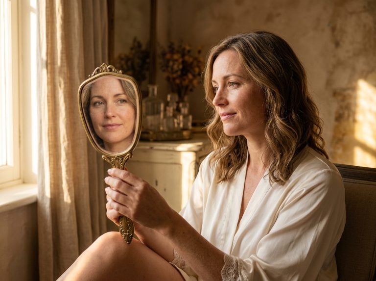 woman looking at reflection in vintage mirror