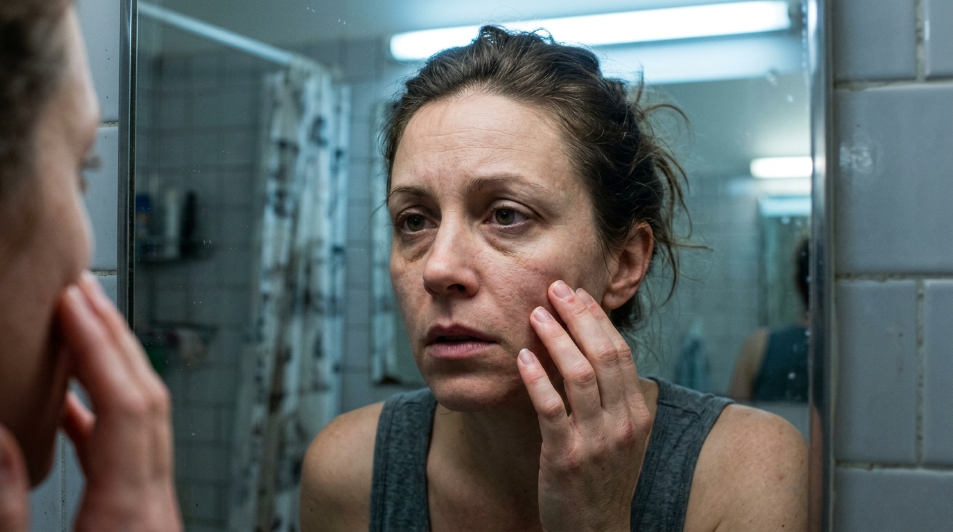 woman examining skin concerns in bathroom mirror
