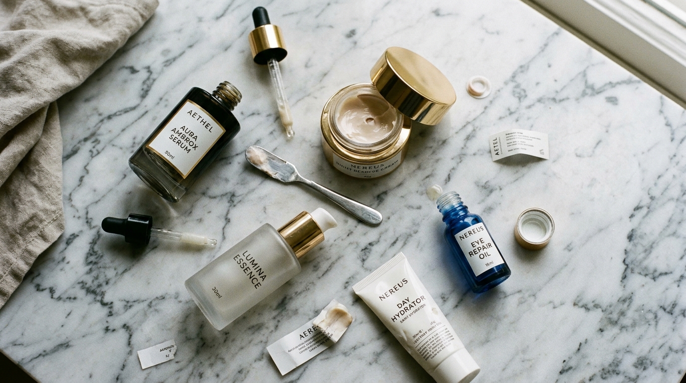 luxury skincare products arranged on marble surface