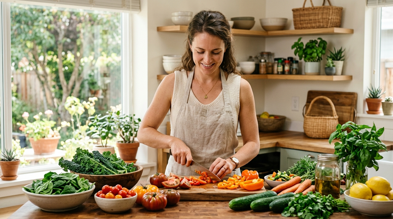 woman preparing healthy foods in bright kitchen