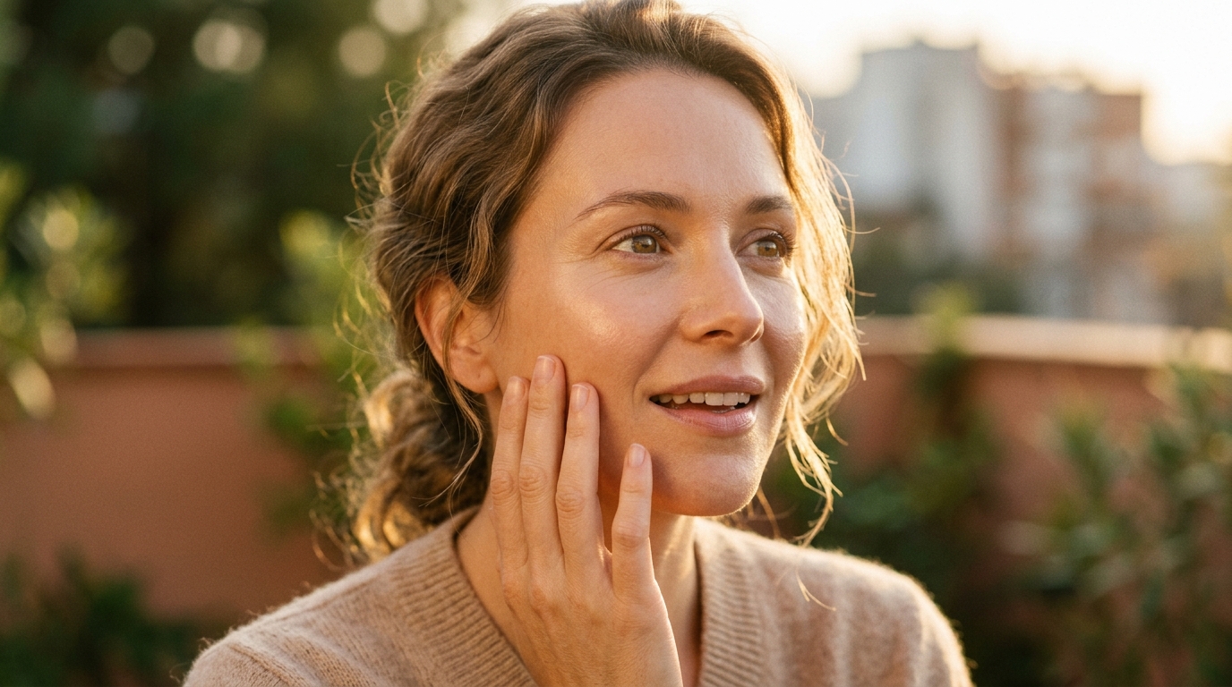 woman touching her face with pleasant surprise