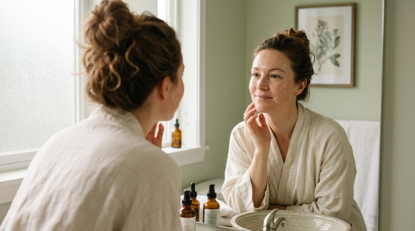 confident woman looking peacefully in bathroom mirror