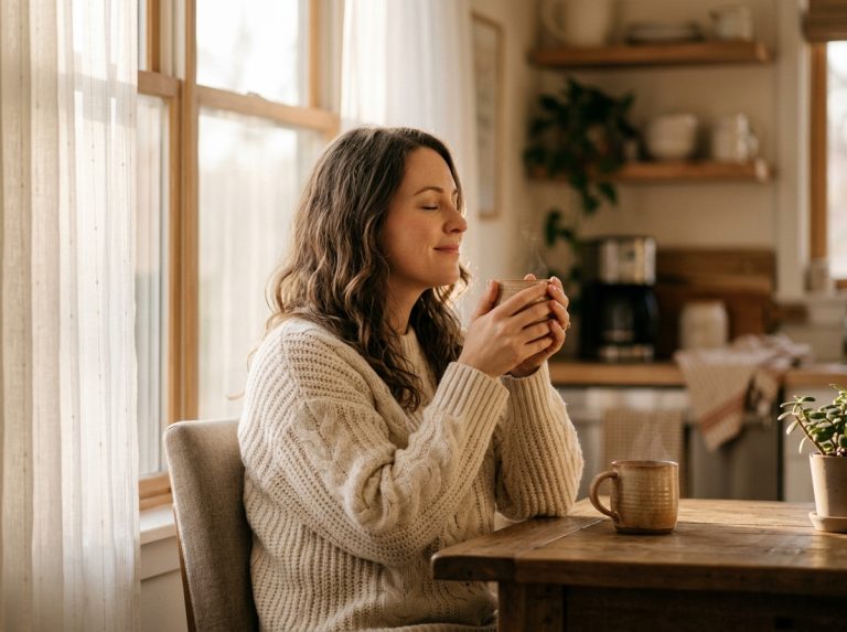 Woman enjoying peaceful morning moment with warm drink