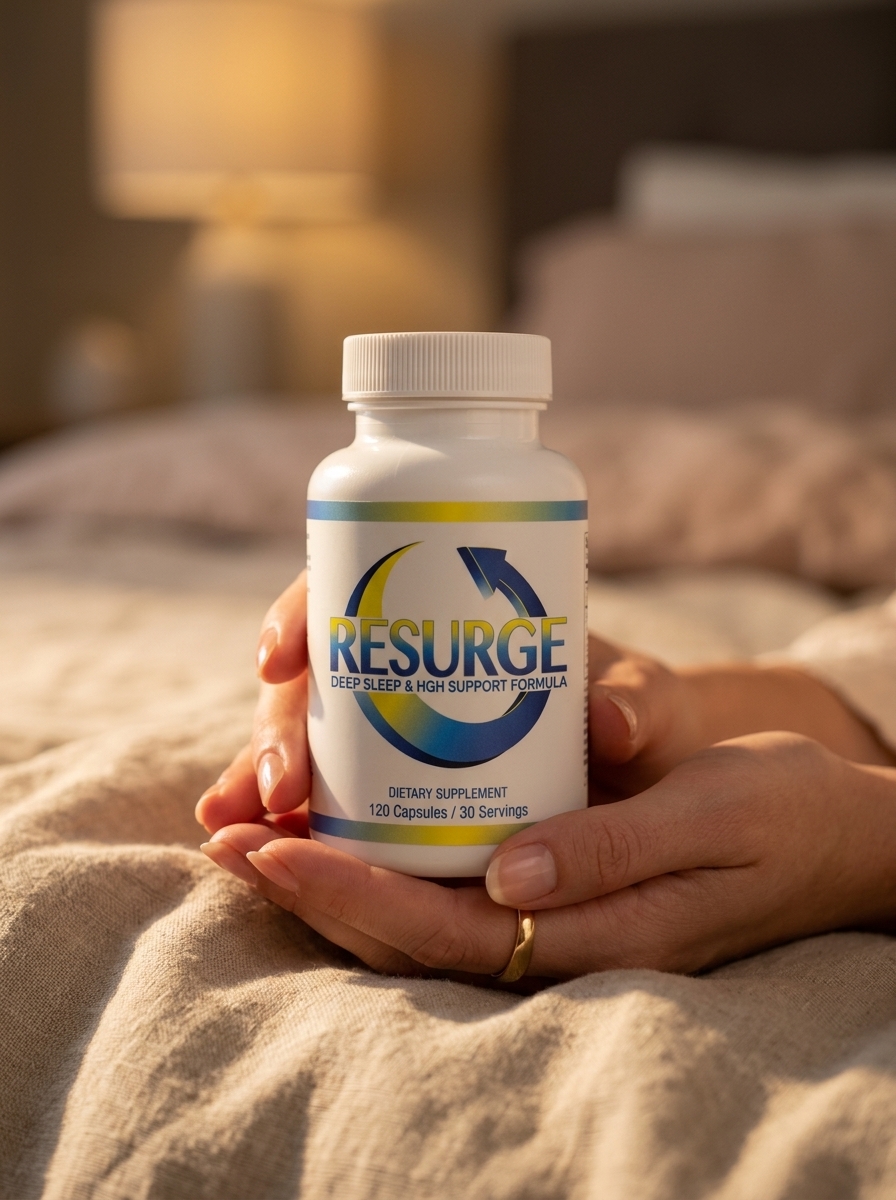 Resurge deep sleep supplement bottle held gently