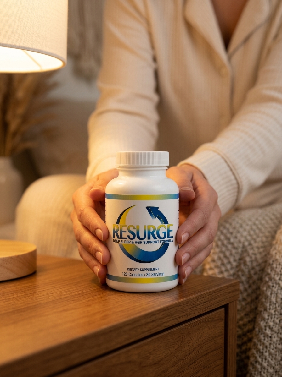 Resurge sleep support supplement bottle held gently