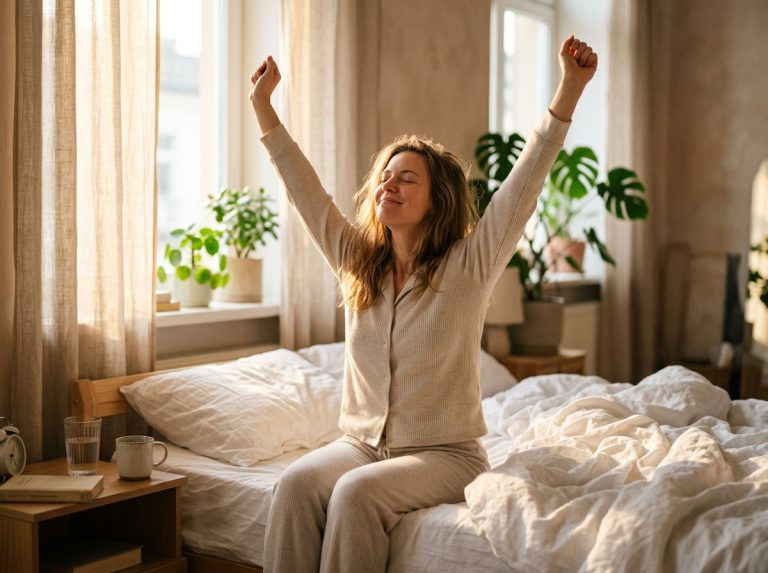 woman stretching peacefully in morning bedroom light