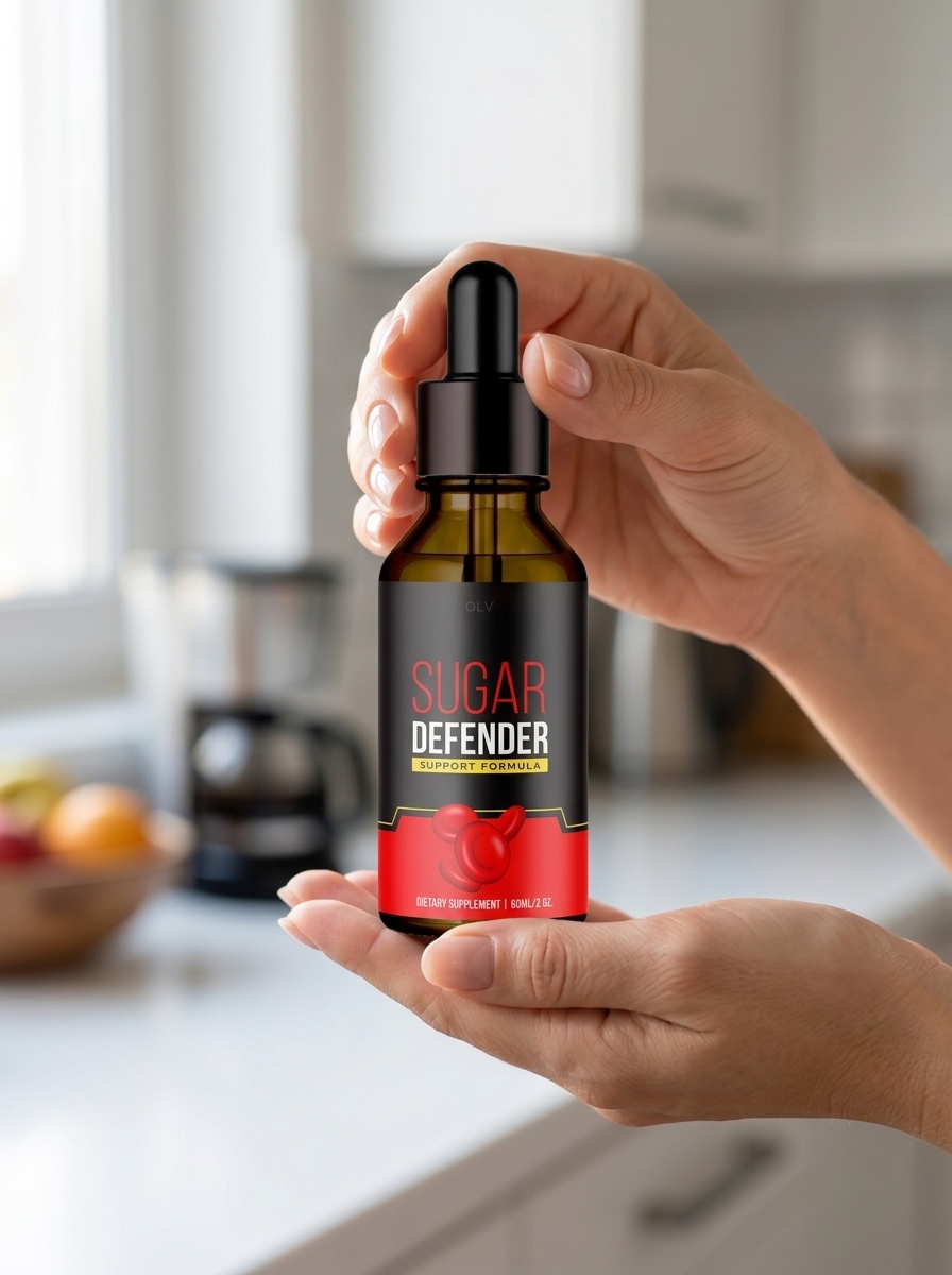 Sugar Defender supplement bottle held in kitchen setting