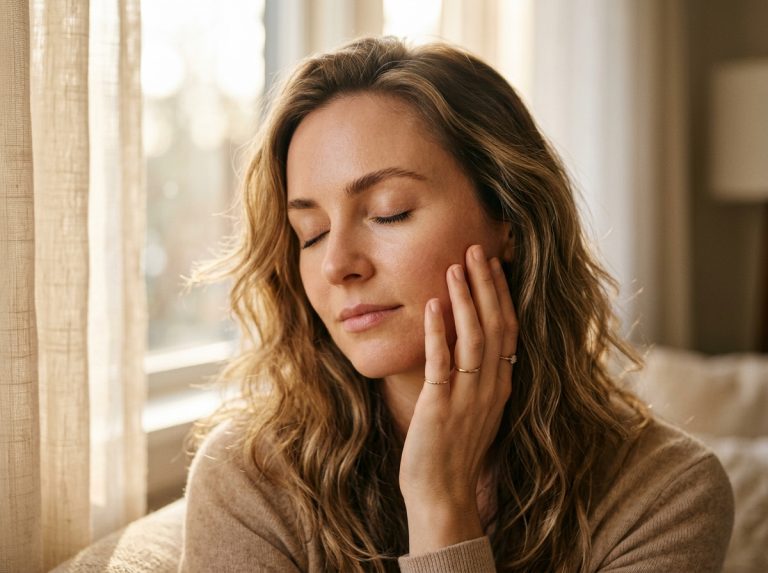 woman touching face morning light radiant skin