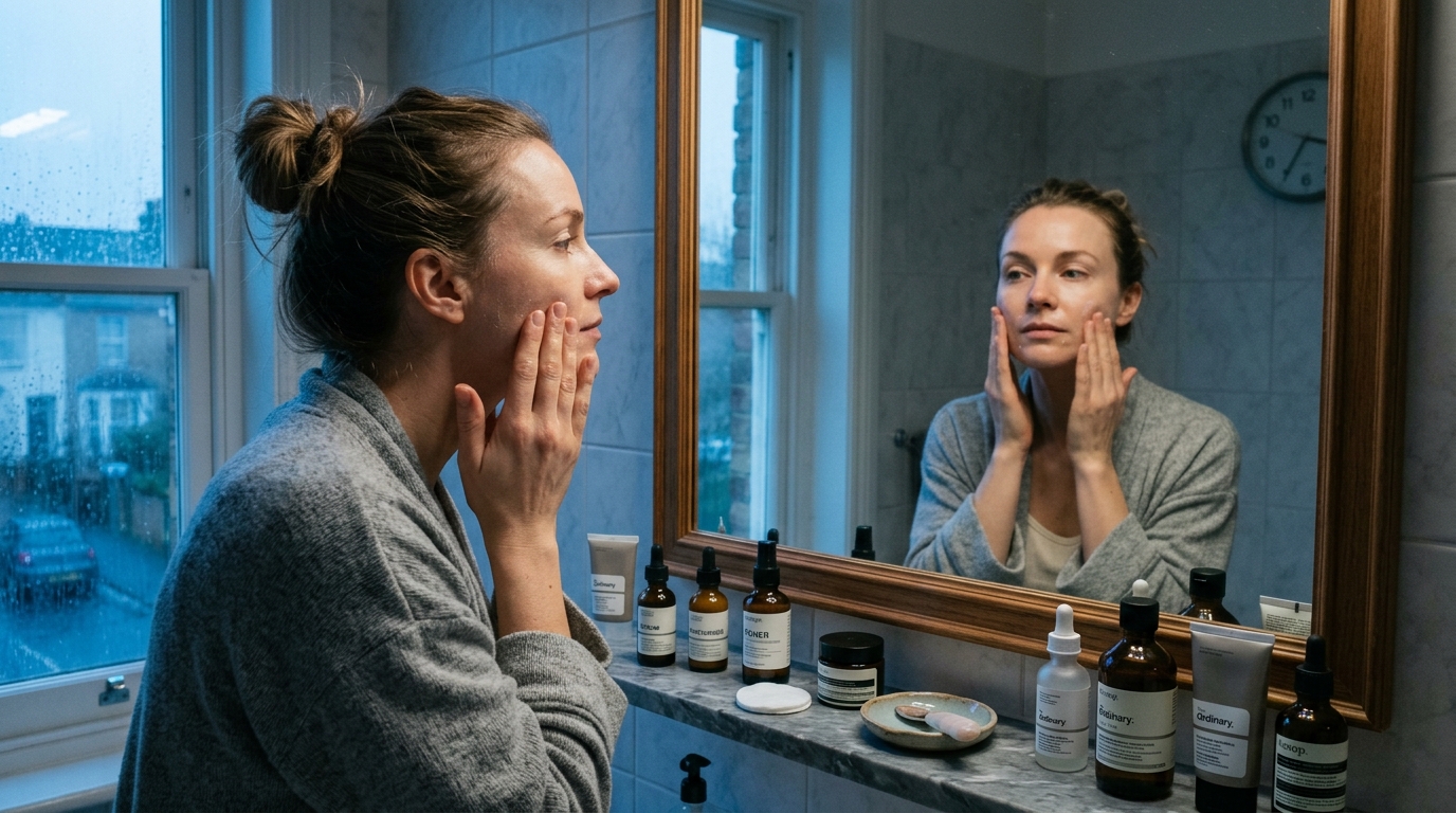 woman applying skincare bathroom mirror morning routine