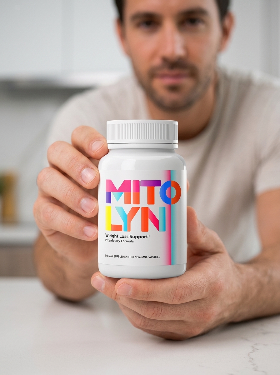 Mitolyn supplement bottle held by man
