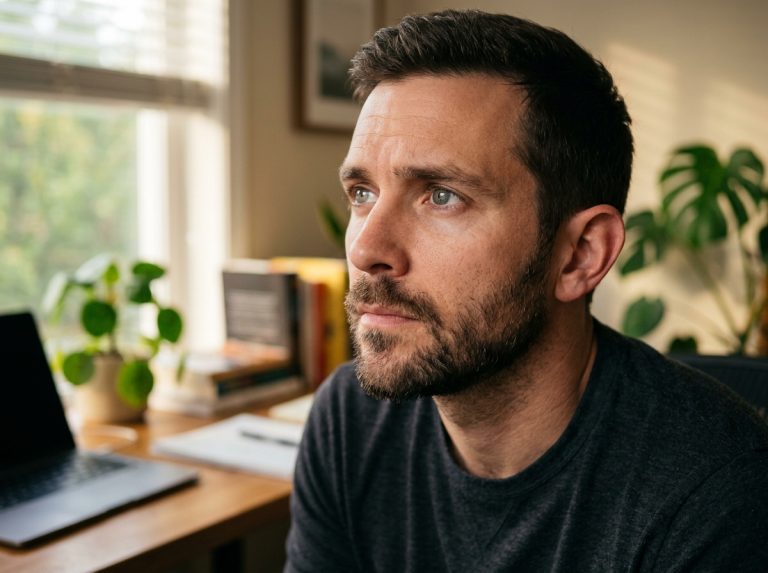 man with clear focused eyes looking upward