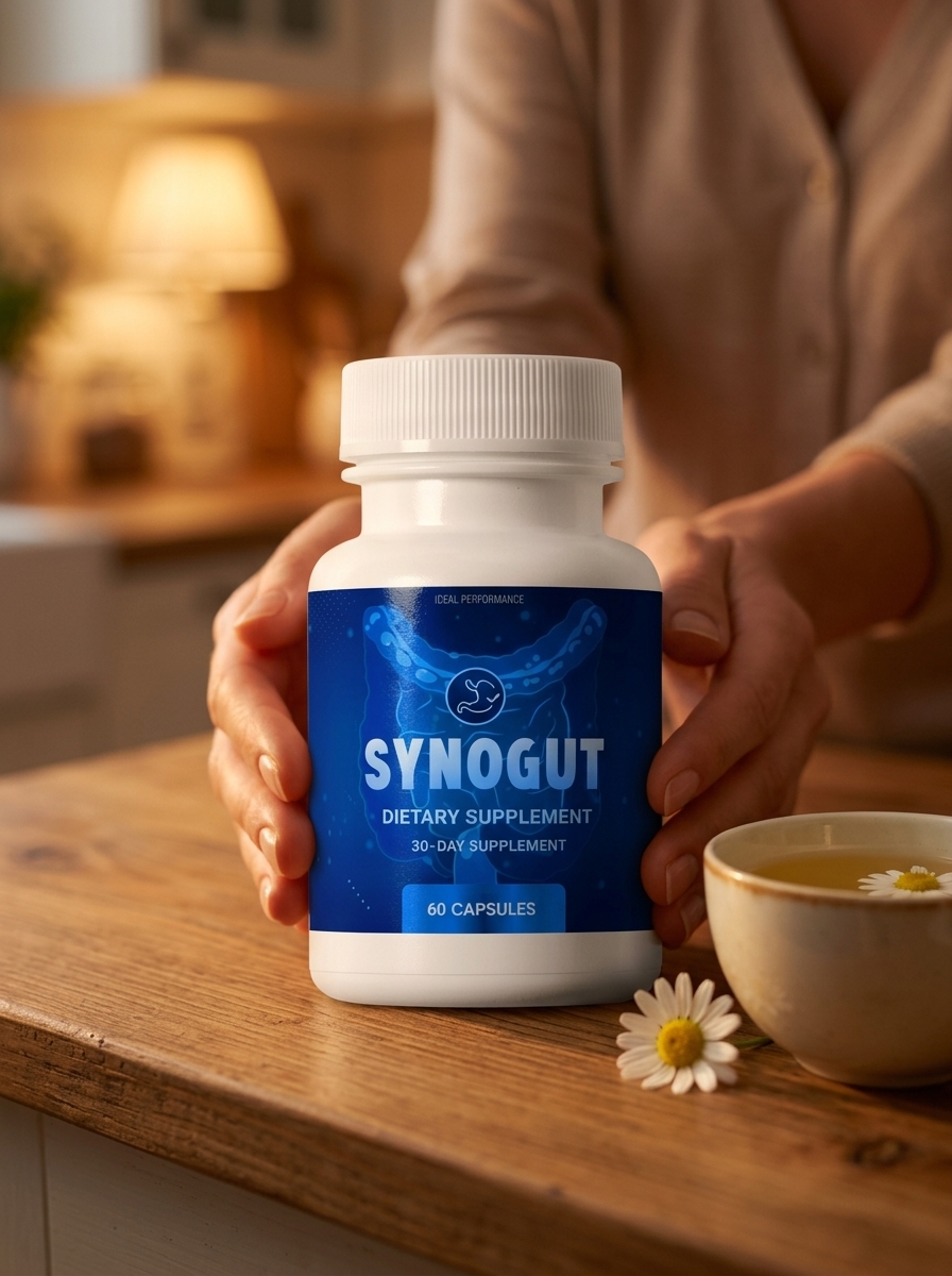 SynoGut supplement bottle held gently in evening ritual