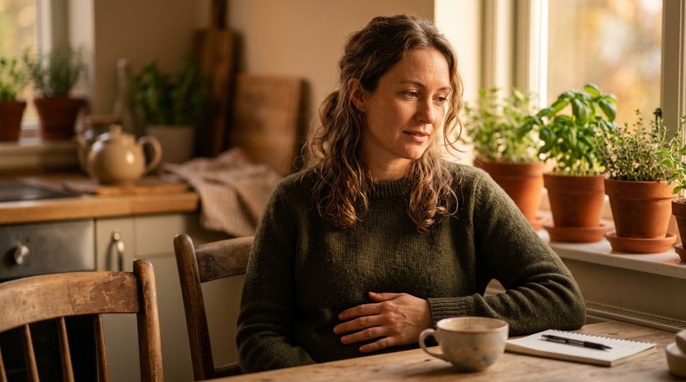 woman discovering gut brain connection at kitchen table