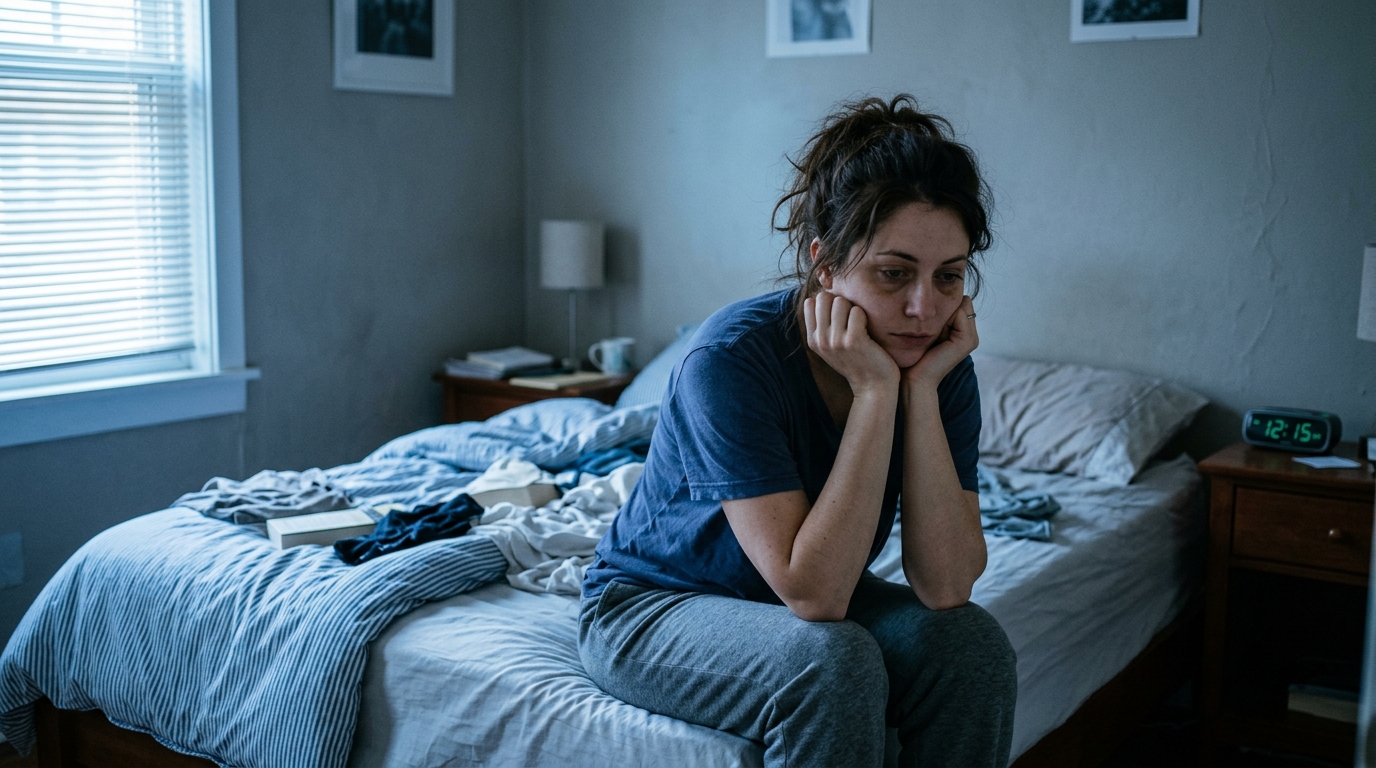 tired woman sitting on bed experiencing sleep disruption