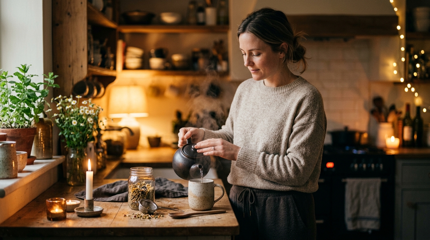 woman preparing evening tea in peaceful kitchen ritual